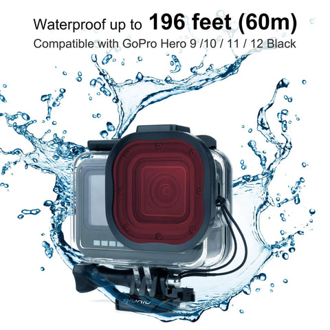Waterproof Dive Housing With Color Correcting Filters For Dope Underwater Photography, No Lens Removal Needed, Red, Light Red, And Magenta Filters, Fits Hero 9 Through 13 Black Cameras, Submerge Up To 147 Feet shown in water splash