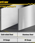 Hurricane Snap Lock Punch Tool banner showing sheet metal panels in cold-rolled and stainless steel, 24–26 gauge.
