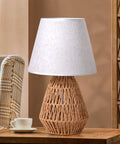 Natural Jute Rope Table Lamp With Boho Farmhouse Coastal Vibe For Bedroom Living Room Dining Room And End Table Lamp Made From Sustainable Flaxen Fabric And Natural Materials For A Cozy Night Stand Light on wooden table