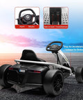 Rear view of white 24V Kids Electric Go Kart With Dual 250W Motors And 9Ah Battery, 8 MPH Drifting Ride On Toy, showing pedals.