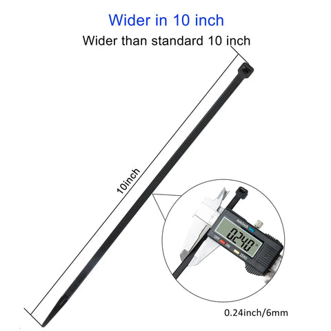 Nylon Zip Ties 10 Inch Black Heavy Duty Cable Ties 6mm Wide Pack Of 100 with measurement showing 6mm width