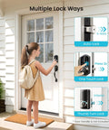 Badass 7 In 1 Fingerprint Smart Deadbolt Lock With App Control And Key Fobs In Sleek Matte Black shown on a door with a girl using it