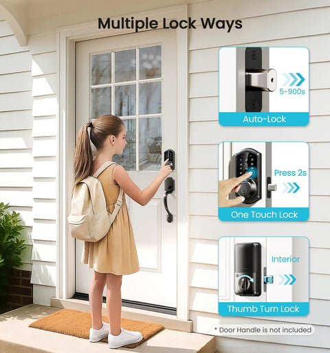 Badass 7 In 1 Fingerprint Smart Deadbolt Lock With App Control And Key Fobs In Sleek Matte Black shown on a door with a girl using it