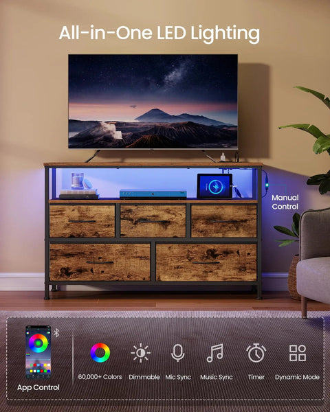 App Controlled Led Dresser With Charging Station And Five Drawer Chest Tv Stand Industrial Rustic Brown Ink Black Bedroom Furniture For Your Major Bedroom Glow Up with LED lighting and TV.