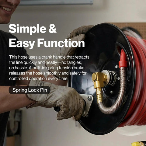 Hand operating Retractable Air Hose Reel With Hand Crank, 3/8 Inch FNPT, 100 Feet, Heavy Duty Steel Frame, spring tension control.