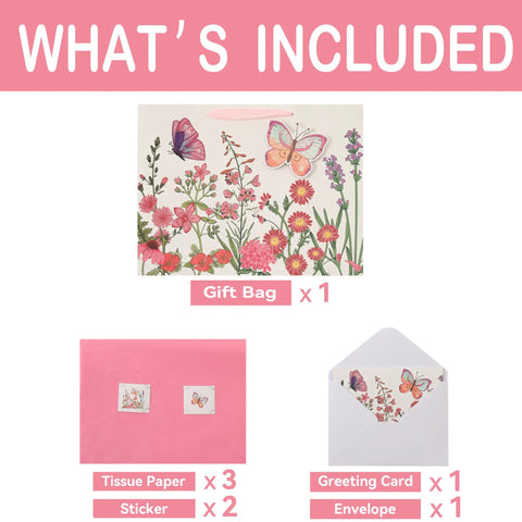 Extra Large 16.5 Inch 3D Butterfly Gift Bag Set With Handles, Greeting Card, Pink Tissue Paper And Stickers, Floral Design