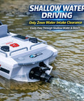 Jet Propulsion RC Boat With Brushless Motor For Beginners showing rear jet and shallow water driving in a river