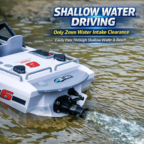 Jet Propulsion RC Boat With Brushless Motor For Beginners showing rear jet and shallow water driving in a river