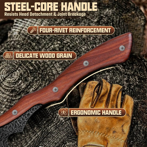 Camping Hatchet With Sheath 14 Inch Hand Forged Survival Hatchet ergonomic steel-core handle with wood grain detail