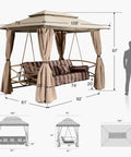 Image of 3 Person Outdoor Patio Porch Swing Gazebo With Netting And Curtains, shown with dimensions and brown striped cushions.