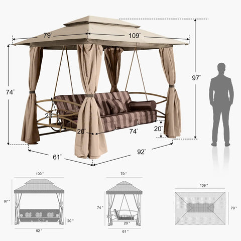 Image of 3 Person Outdoor Patio Porch Swing Gazebo With Netting And Curtains, shown with dimensions and brown striped cushions.