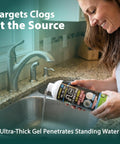 Woman pouring 15 Minute Drain Cleaner Gel That Tackles Stubborn Clogs Fast Acting For Kitchen Sink, Bathroom, Shower And More, Ultra Thick Gel Formula, 32oz into sink