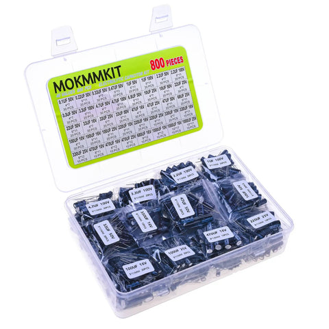 Open box of Electrolytic Capacitor Kit With 800 Pieces, 40 Capacitor Values From 0.1uF To 1000uF, 10V 16V 25V 50V 100V