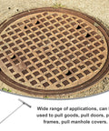 Manhole cover with heavy duty stainless steel manhole cover hook lift tool for easy grate pulling and door lifting, 15 inch reach.