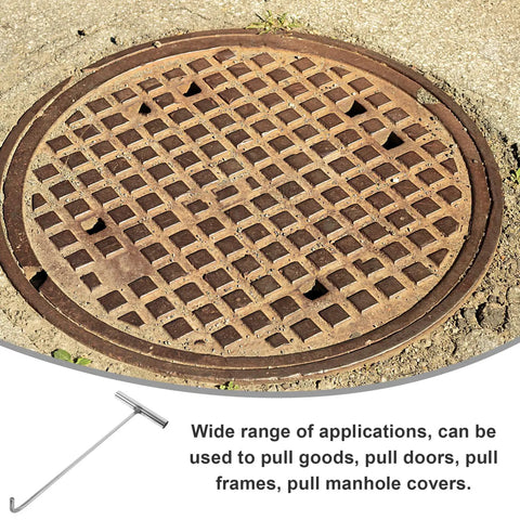 Manhole cover with heavy duty stainless steel manhole cover hook lift tool for easy grate pulling and door lifting, 15 inch reach.