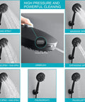 High Pressure Handheld Shower Head With 8 Settings, Matte Black Finish, displaying various spray modes and toggle button in use