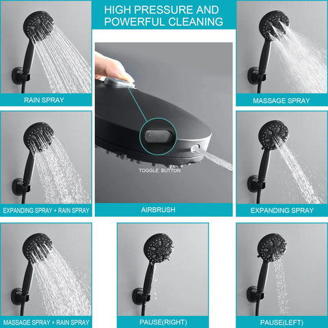 High Pressure Handheld Shower Head With 8 Settings, Matte Black Finish, displaying various spray modes and toggle button in use