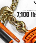 Heavy Duty Ratchet Load Binders Two Pack with Fold Down Safety Handles, detail showing 7,100 lb chain and hook connection.