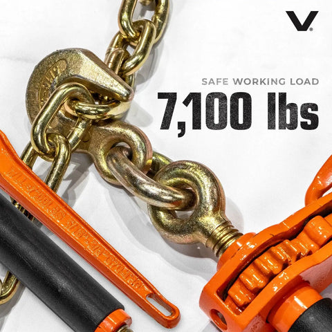 Heavy Duty Ratchet Load Binders Two Pack with Fold Down Safety Handles, detail showing 7,100 lb chain and hook connection.
