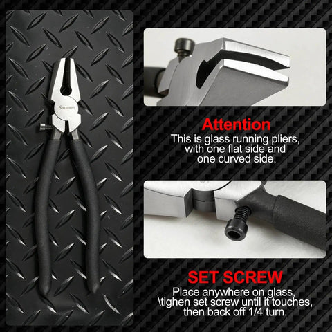 Heavy Duty Eight Inch Auto Glass Running Pliers Featuring Curved Jaws Adjustable Screw And Protective Rubber Tips, close-up on grip