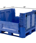 Heavy Duty Collapsible Bulk Box 48x40x33 Inch Plastic Storage Tote showing dimensions, sturdy blue plastic, and drop door features.