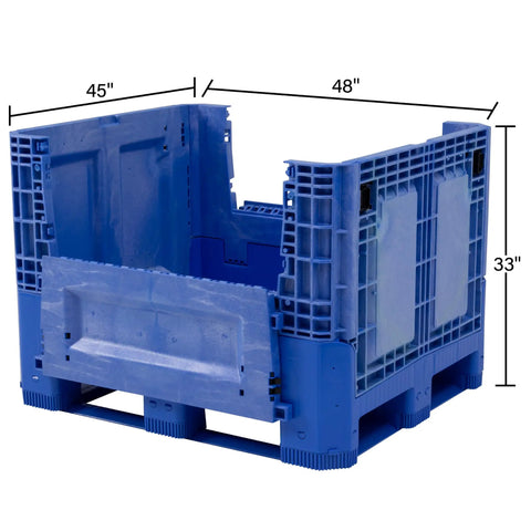 Heavy Duty Collapsible Bulk Box 48x40x33 Inch Plastic Storage Tote showing dimensions, sturdy blue plastic, and drop door features.