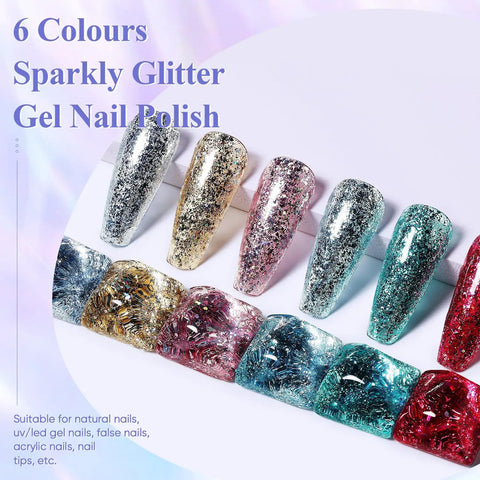 Gel Nail Polish Kit Set 6x8ml Soak Off UV LED Hema Free Glitter Colors Red Green For Nail Art DIY Mani Displayed in Six Shades