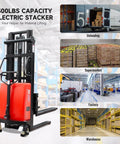 Heavy Duty 3300 Lbs Semi-Electric Pallet Stacker With 98 Inch Mast Lift Height Adjustable Forks For Warehouses shown in warehouse setting.