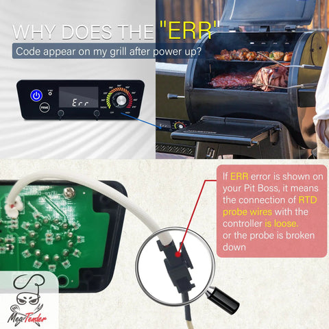 Replacement RTD Temperature Sensor Probe for Pit Boss Horizontal Controller showing ERR code on grill display