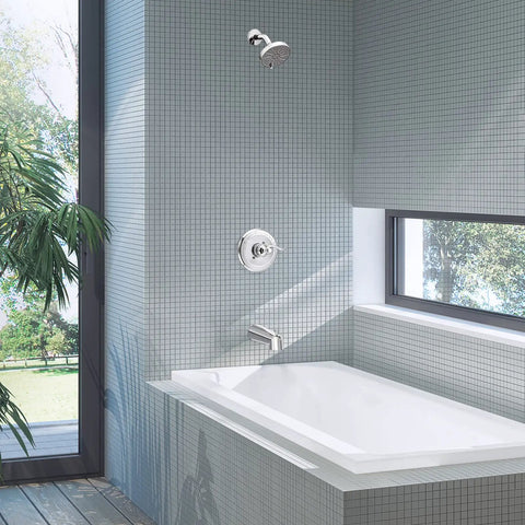 Pressure Balancing Valve Trim Replacement for Windemere 14 Series Chrome Finish installed in modern bathroom with tub.