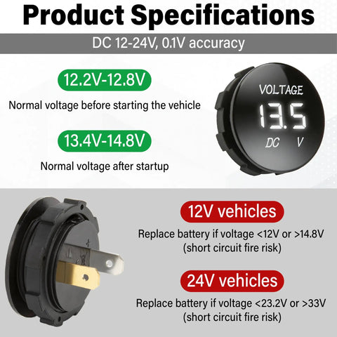 Panel Mount Digital Led Voltmeter Gauge For Cars And Trucks Dual Range 12 Volt Or 24 Volt with voltage specifications display