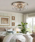 Antique Silver French Empire Crystal Semi Flush Mount Chandelier LED Ceiling Light Fixture for bedroom