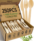 250 Count Bamboo Cutlery Set Disposable And Compostable Utensils, 100 Percent Natural, Plastic Free, BPA Free, Non Toxic, Food Grade For Kids And Adults, Go-To Eco Friendly Everyday Use. 250-piece bamboo cutlery box