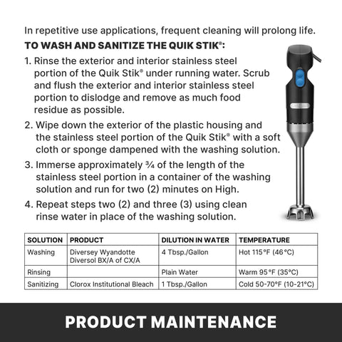 Wicked Fast Commercial 2 Speed Immersion Blender with stainless steel shaft, shown for cleaning and maintenance instructions.