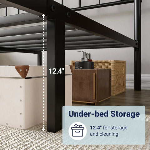 Rock Solid Queen Size Metal Platform Bed Frame With Victorian Scrollwork Headboard showcasing 12.4" under-bed storage space.