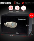 Digital Keypad Steel Safe With Interior Lining And Bolt Down Kit For Money Jewelry And Electronics About Half Cubic Foot Eight Point Seven By Thirteen Point Eight By Nine Point Seven Inches Home Safe For Daily Use And Quick Access, dimensions shown.