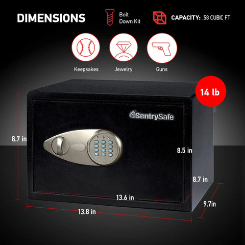 Digital Keypad Steel Safe With Interior Lining And Bolt Down Kit For Money Jewelry And Electronics About Half Cubic Foot Eight Point Seven By Thirteen Point Eight By Nine Point Seven Inches Home Safe For Daily Use And Quick Access, dimensions shown.