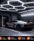 Hexagon LED Garage Lights Kit Pro Grade With 69 Pack Tubes illuminating car in garage, showcasing 14 grid system.