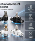 One Way Flow Control Throttle Valve For Pneumatic Systems With Push In Fitting Adjustable Air Flow Regulator For Industrial Pneumatic Lines Compatible With SL SA And SC Models And Designed For Easy Setup, black and white threaded fittings