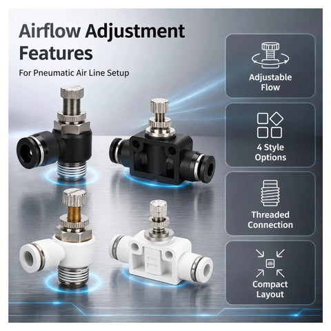 One Way Flow Control Throttle Valve For Pneumatic Systems With Push In Fitting Adjustable Air Flow Regulator For Industrial Pneumatic Lines Compatible With SL SA And SC Models And Designed For Easy Setup, black and white threaded fittings