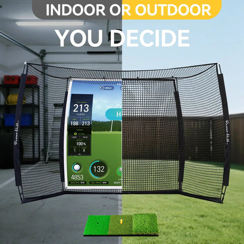 Indoor Outdoor Golf Cage With Impact Screen 10x8 Ft Hitting Net and Practice Mat in garage setup