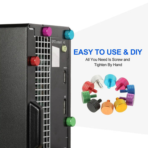 Computer case with colorful M3x12mm Knurled Thumb Screws installed, showing grip fasteners for panels and slots.