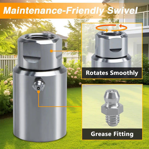 Heavy Duty 1/2 Inch NPT Stainless Steel Swivel Joint for Hose Reels, Leak Proof, High Pressure, 316 Stainless, Grease Fitting, Smooth Ball Bearing Rotation, stainless swivel close-up