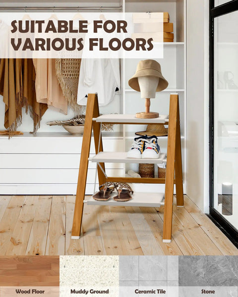 Three Step Stool With Anti Slip Large Pedals White Woodgrain Finish Lightweight Foldable For Home Garage Or Workshop Easy To Fold And Carry Portable Step Ladder on wood floor
