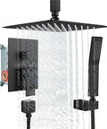 Dual Function Matte Black Ceiling Mount Rain Shower System With 12 Inch Rain Shower Head And Handheld Spray Luxury High Pressure Shower Combo Rough In Valve And Trim Included, showing water flow from shower head and handheld spray.