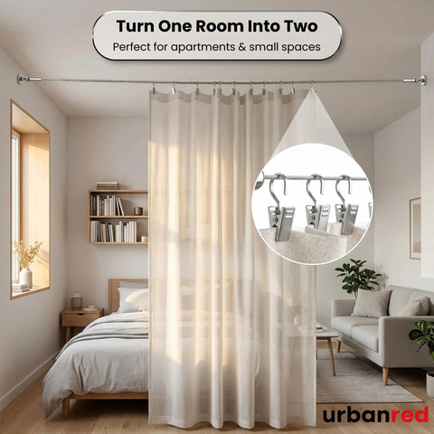 Stainless Steel Curtain Wire Rod Set 16.4 Ft With 24 Clips And Corner Connectors For Easy No Fuss Flexible Angled Installations Great For Windows Balconies Or Wall Mounted Curtain Panels. bedroom room divider