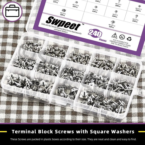 Top Shelf Nickel Plated Carbon Steel Terminal Block Screws With Square Washers Assortment Kit M3 M3.5 M4 M5 Sizes in a clear organizer box.