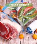 Reusable Sous Vide Vacuum Bag Kit with 27 Pcs BPA Free Food Grade Bags and fresh ingredients on a wooden surface.