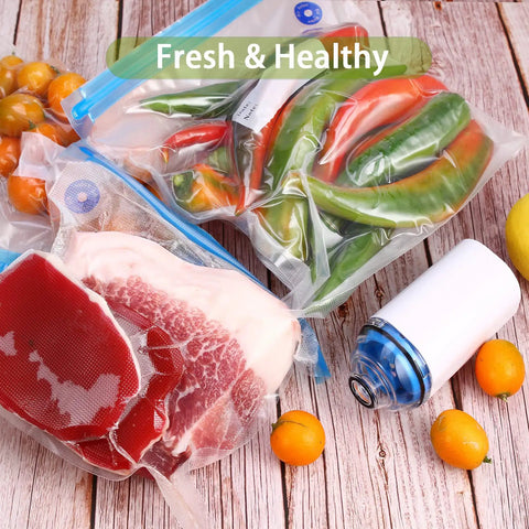 Reusable Sous Vide Vacuum Bag Kit with 27 Pcs BPA Free Food Grade Bags and fresh ingredients on a wooden surface.