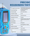 Handheld Digital Surface Roughness Meter With 22 Parameters, Portable Profilometer for precise surface measurements, transformer-inspired design. Front view with specifications.